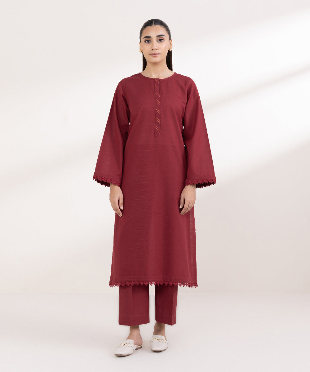 Women's Pret Light Khaddar Solid Red A-Line Shirt