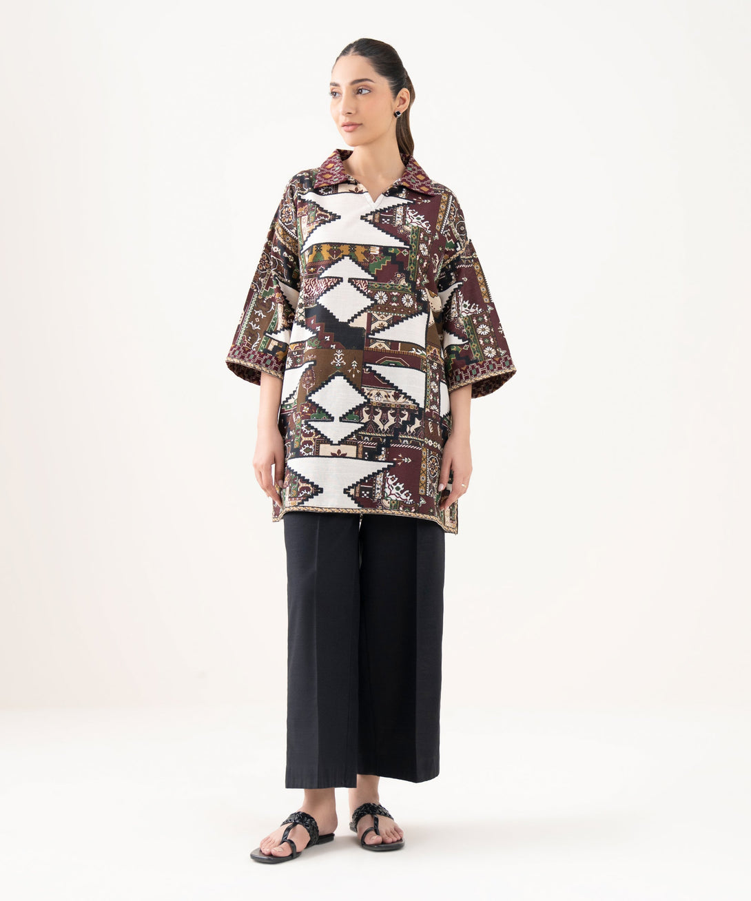Women's RTW Light Khaddar Embroidered Brown Drop Shoulder Shirt