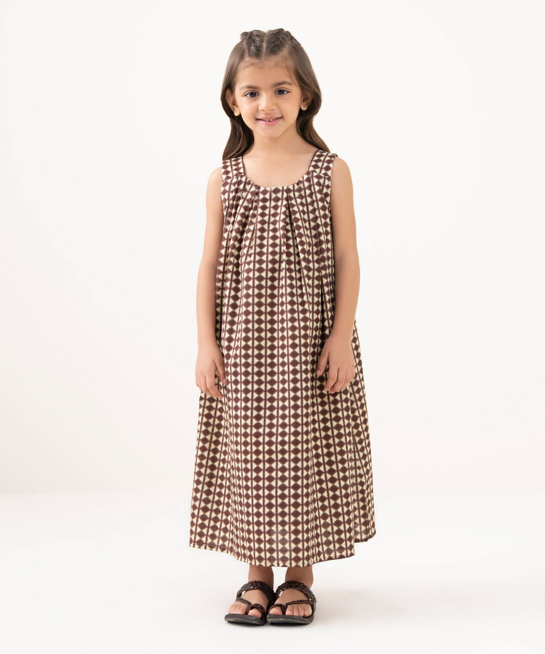 Girl's Light Khaddar Printed Brown A-Line Shirt