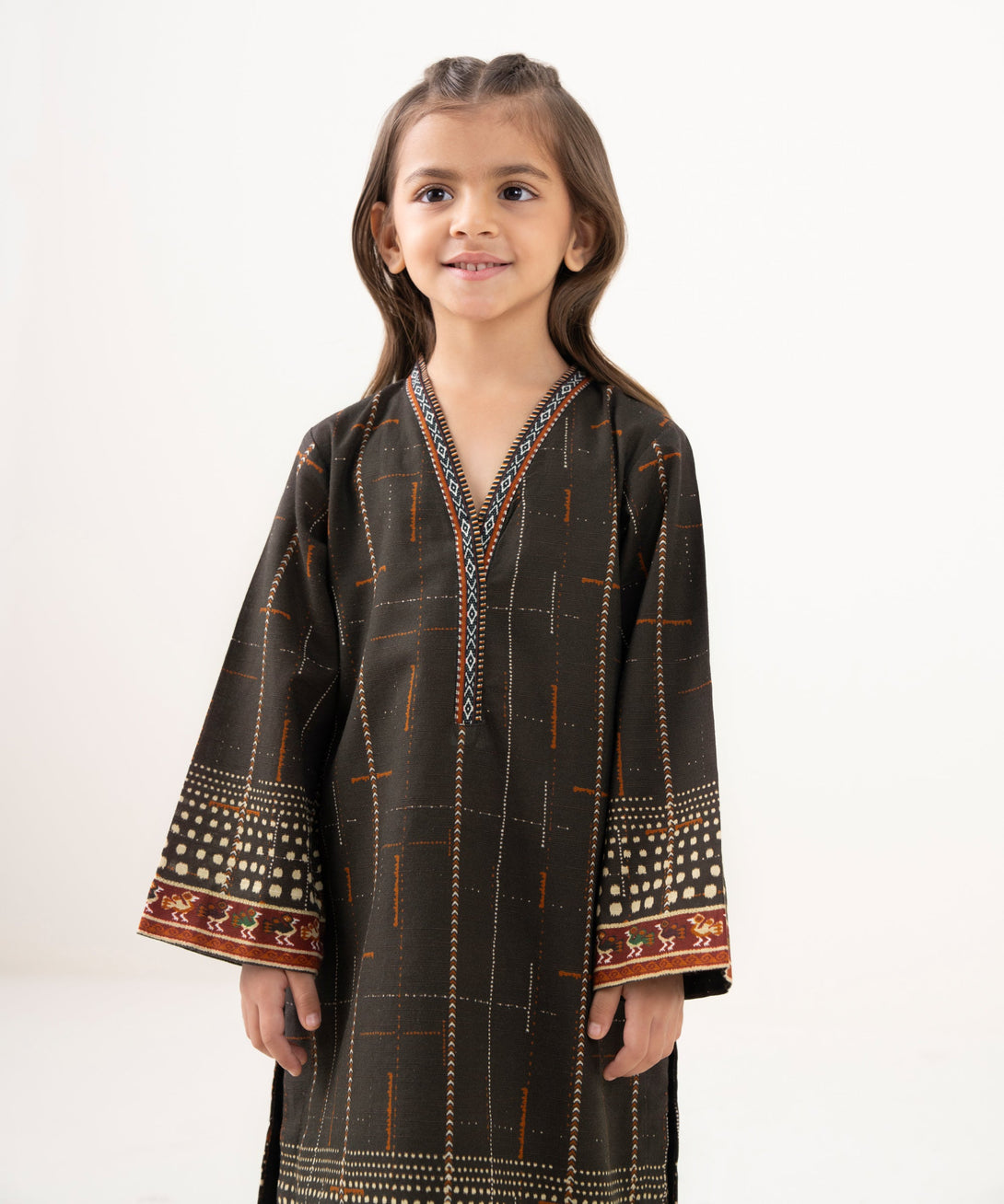 Girl's Light Khaddar Printed Brown 2 Piece Suit