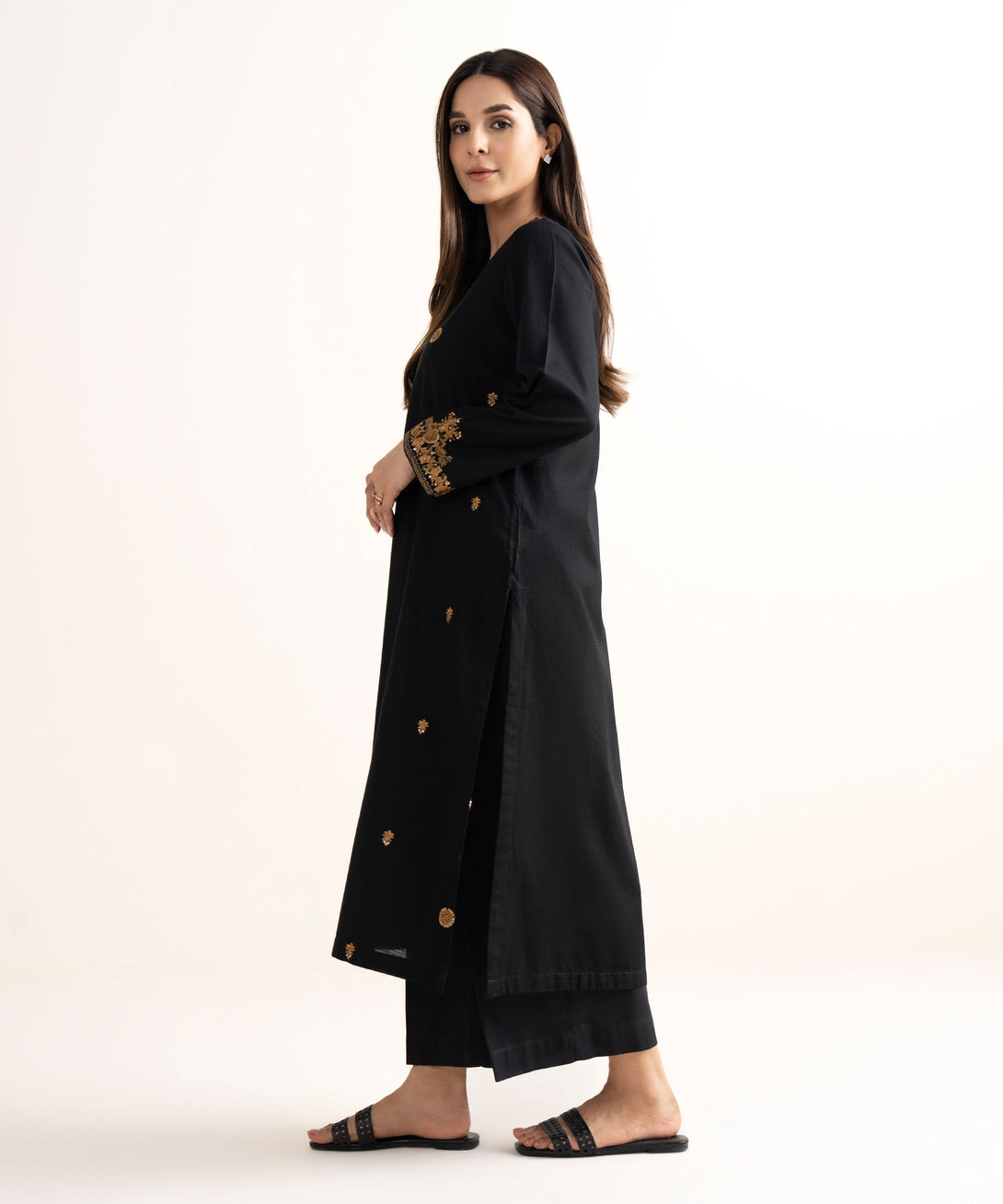 Women's RTW Textured Cotton Black Embroidered A-Line Shirt