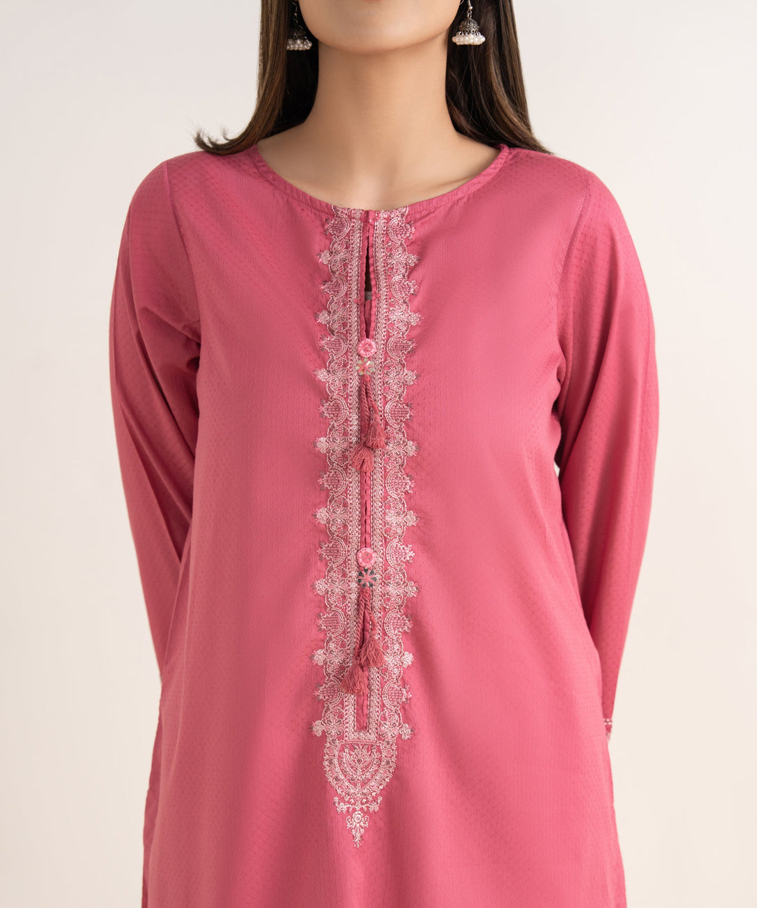 Women's RTW Textured Cotton Pink Embroidered A-Line Shirt
