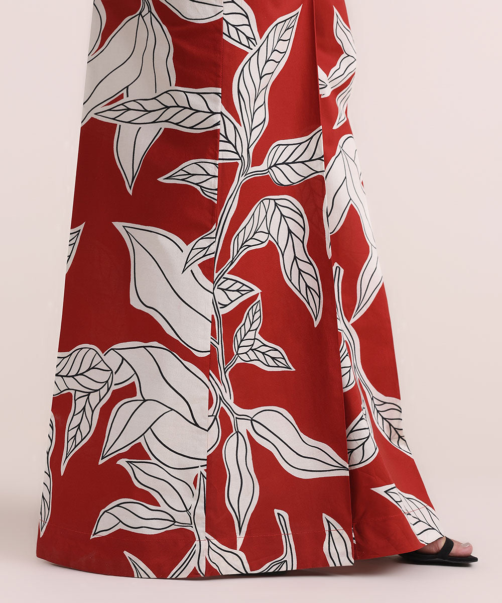 Women's Pret Cambric Red Printed Flared Pants