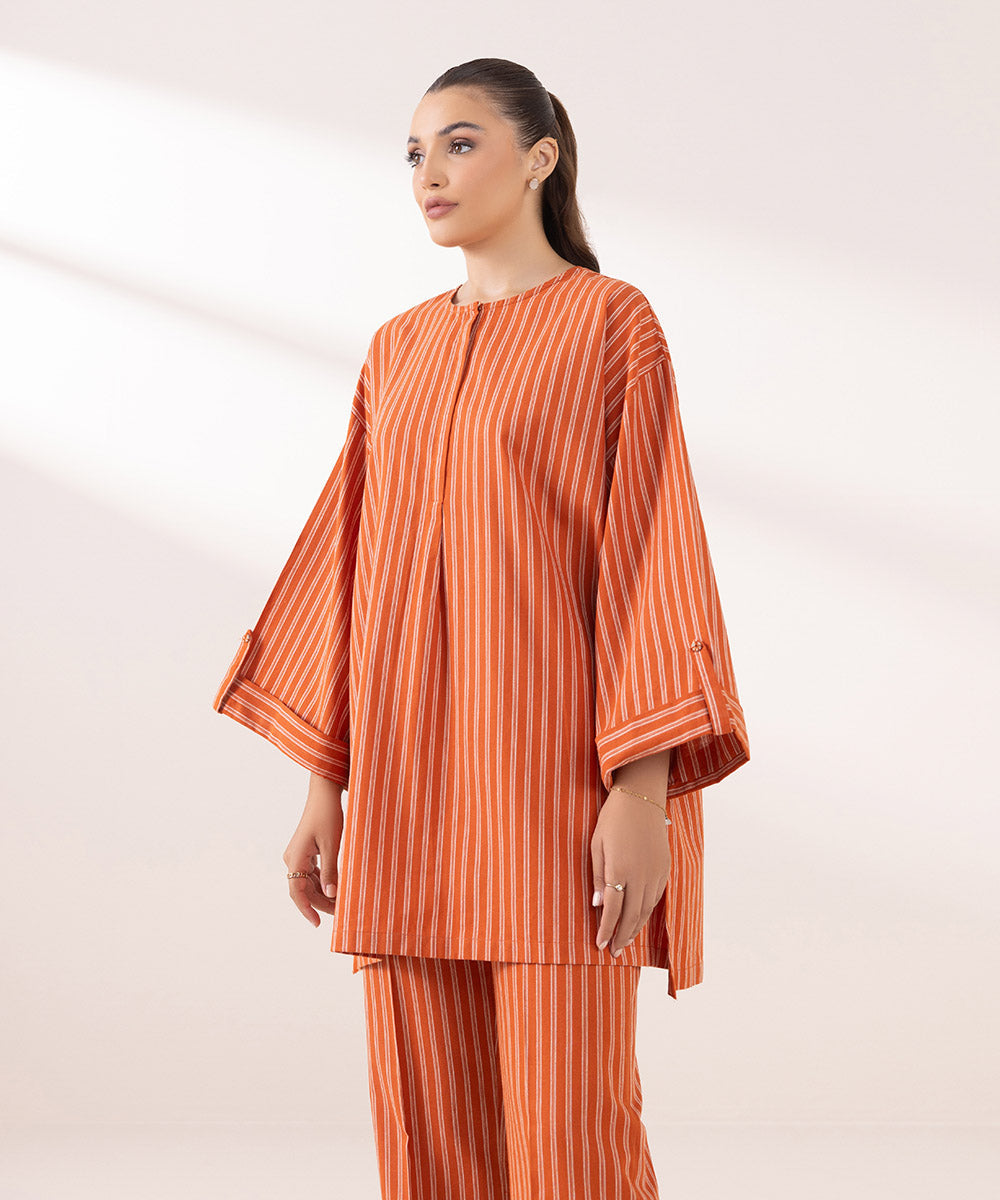 Women's Pret Yarn Dyed Solid Orange Boxy Shirt