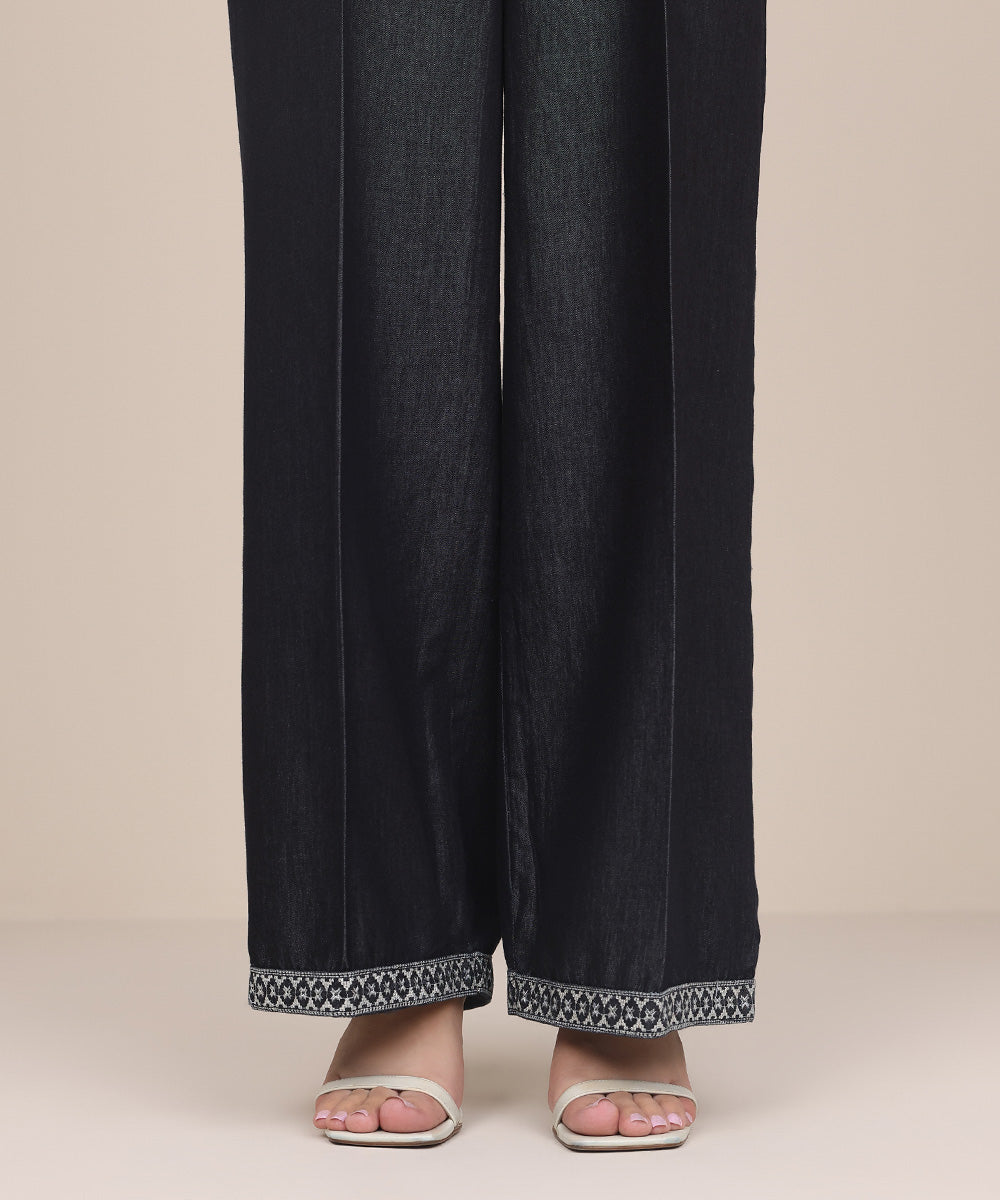 Women's Pret Denim Black Embroidered Culottes