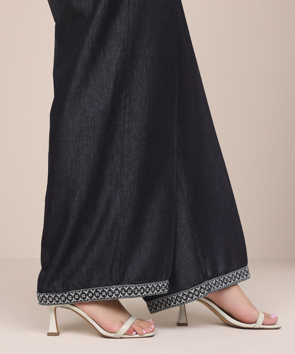 Women's Pret Denim Black Embroidered Culottes