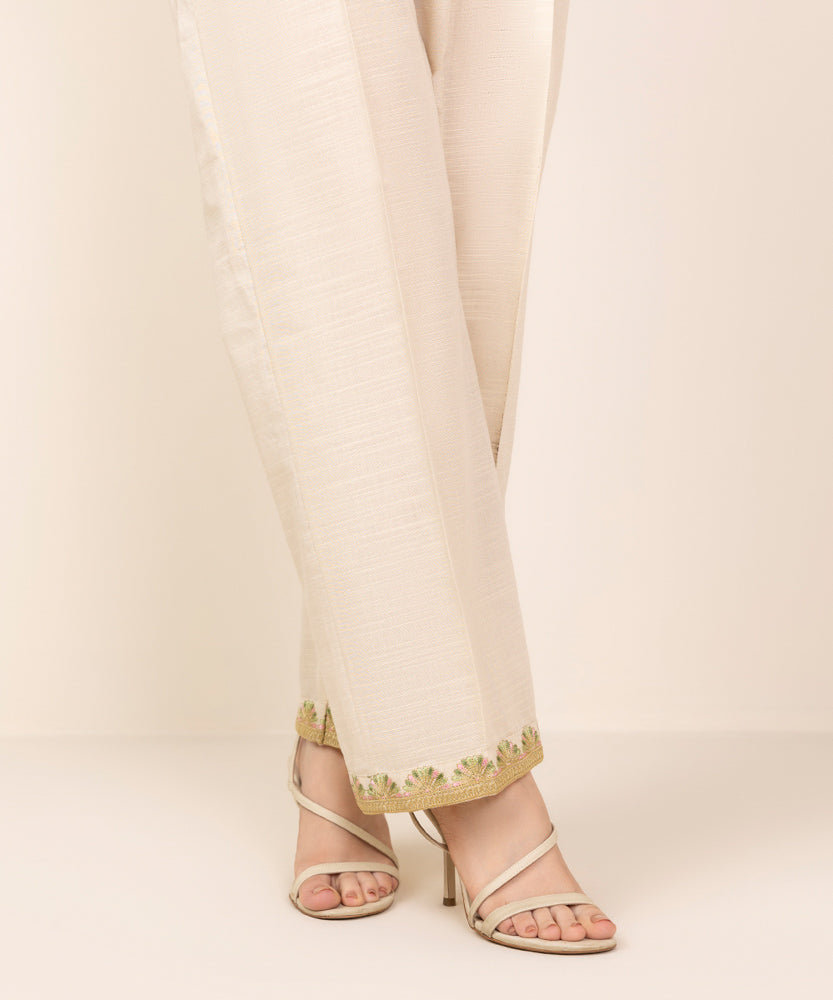 Women's Pret Light Beige Embroidered Khaddar Straight Pants