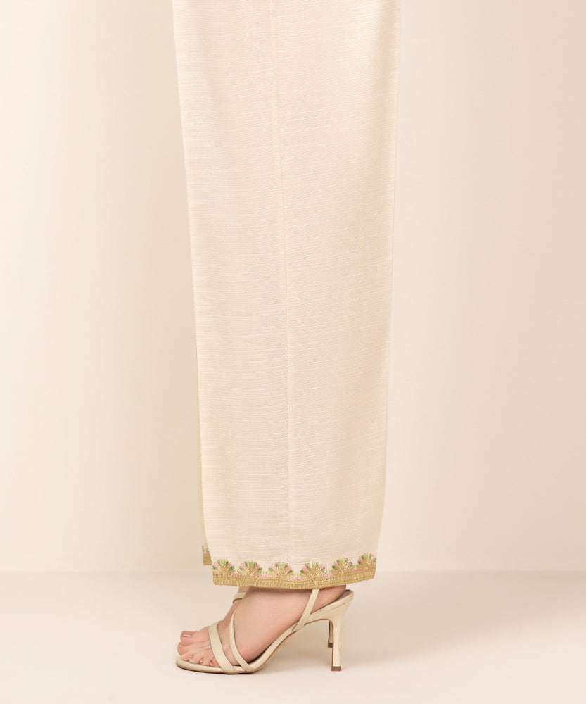 Women's Pret Light Beige Embroidered Khaddar Straight Pants