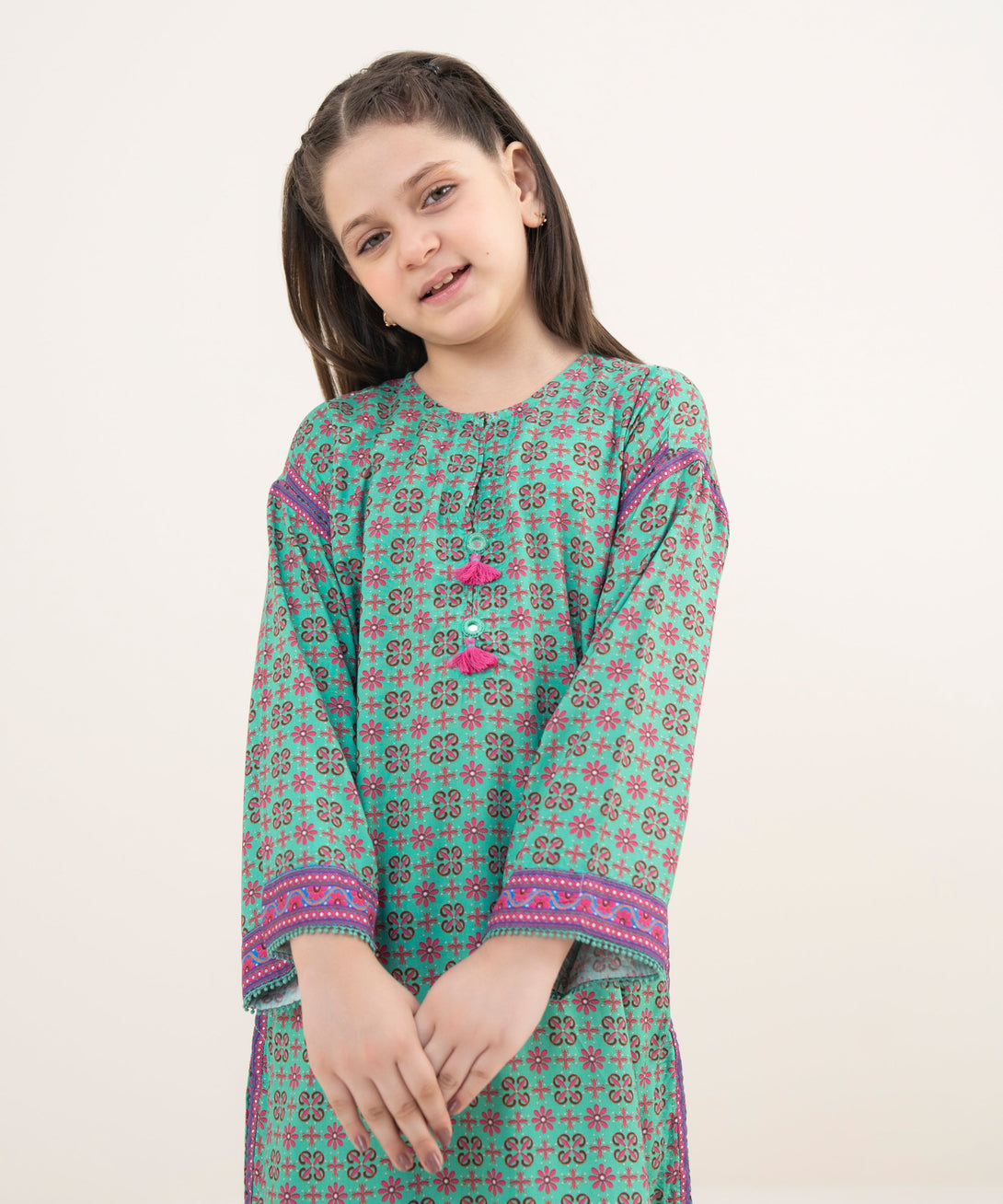 Girl's RTW Arabic Lawn Teal Printed 2 Piece Suit