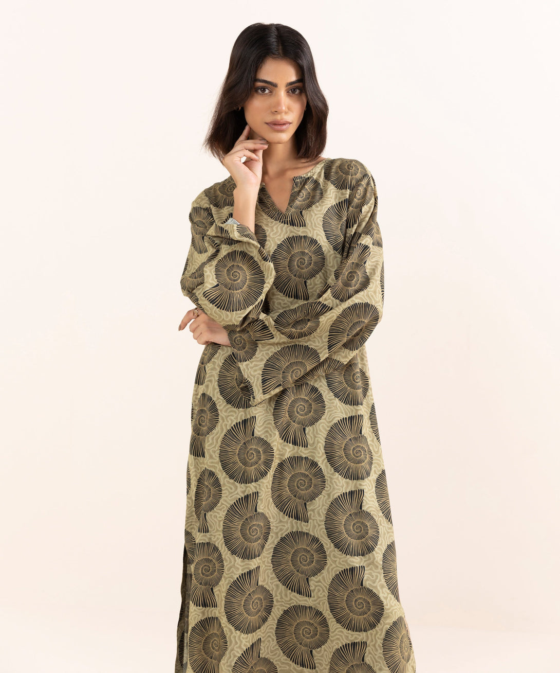 Women's RTW Arabic Lawn Brown Printed A-Line Shirt