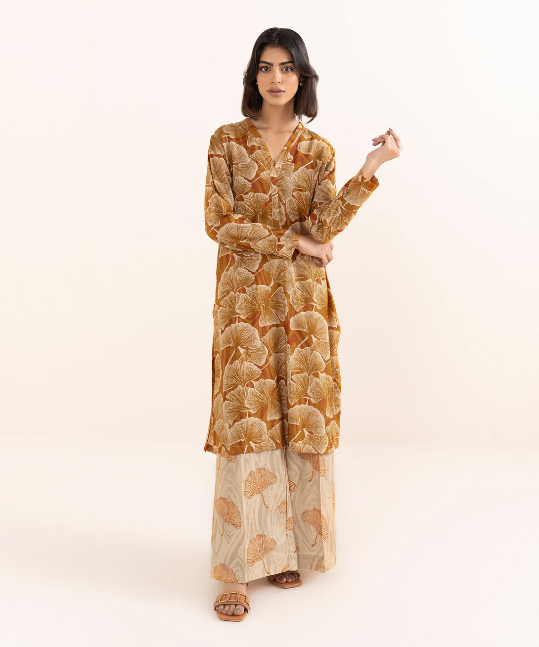 Women's RTW Arabic Lawn Brown Printed A-Line Shirt
