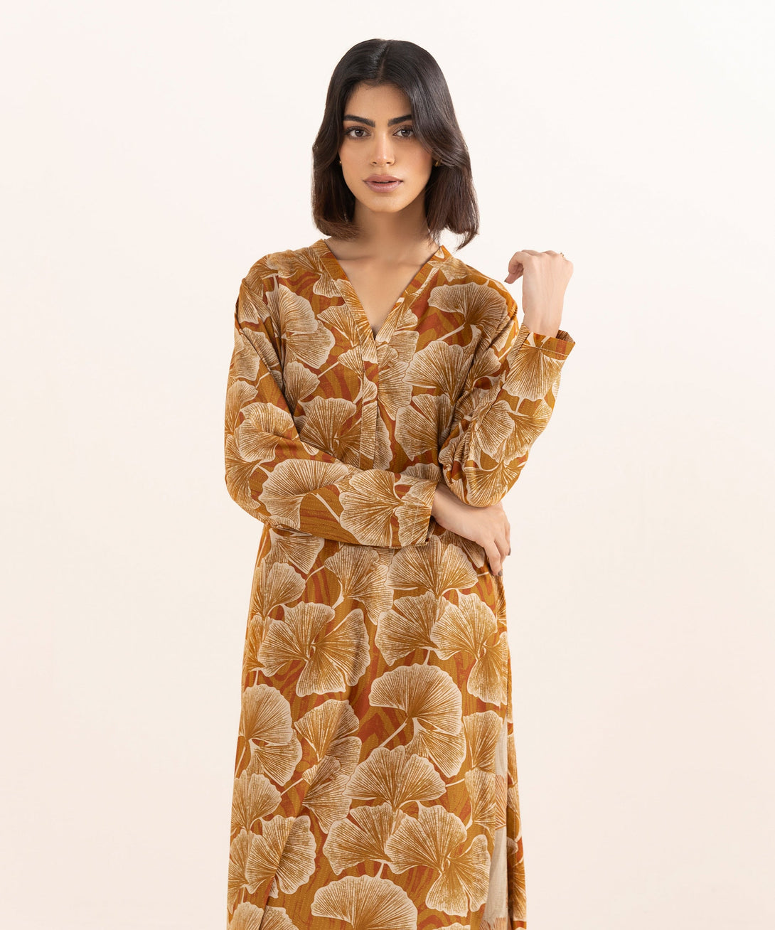 Women's RTW Arabic Lawn Brown Printed A-Line Shirt