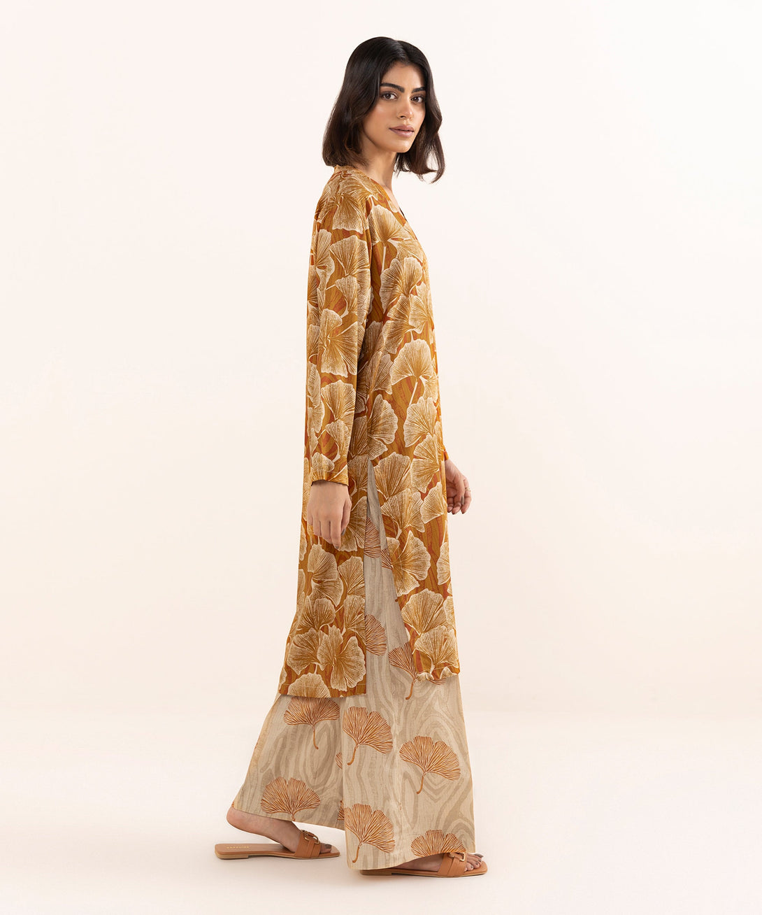 Women's RTW Arabic Lawn Brown Printed A-Line Shirt