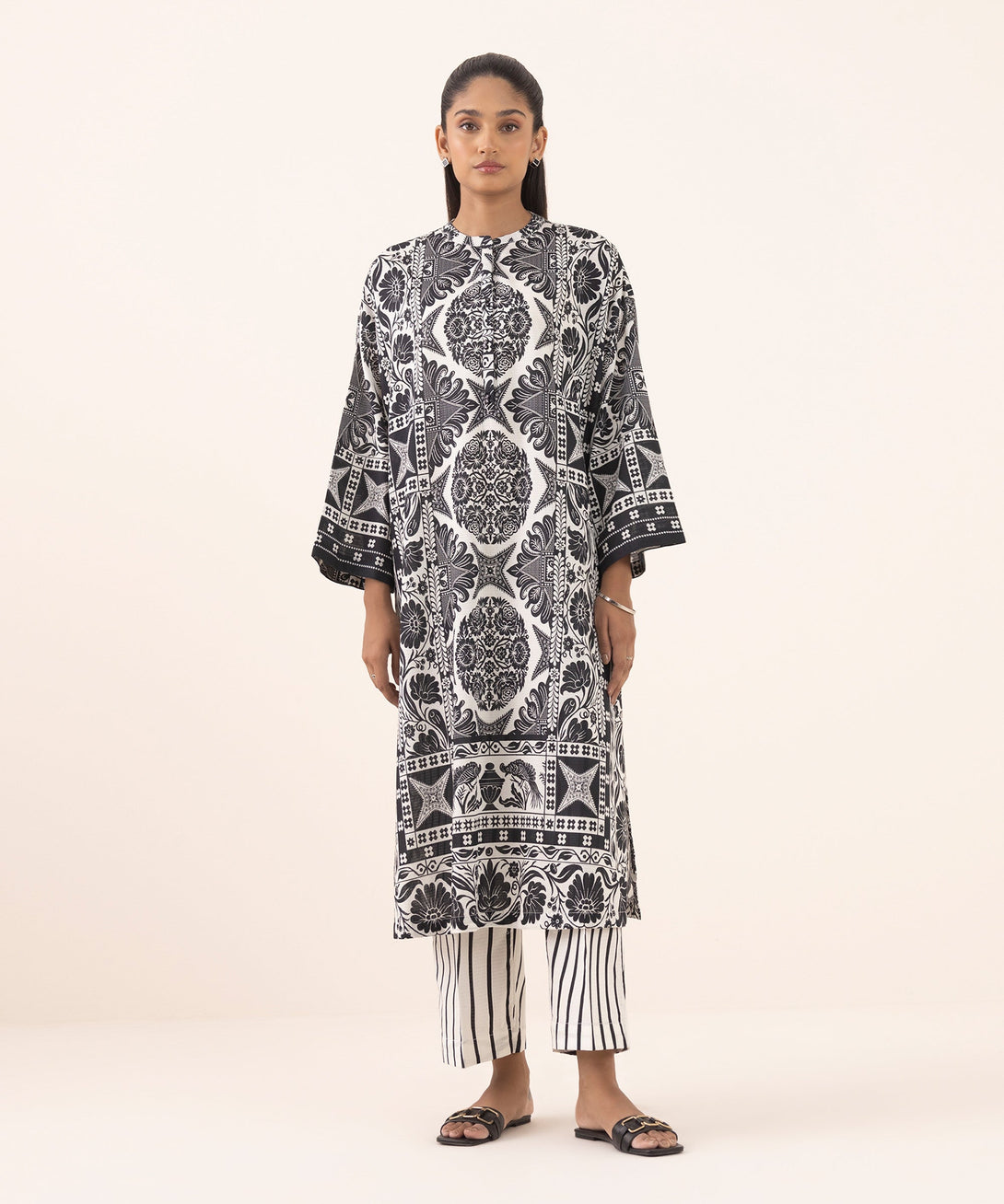 Women's RTW Dobby Black Printed Drop Shoulder Shirt