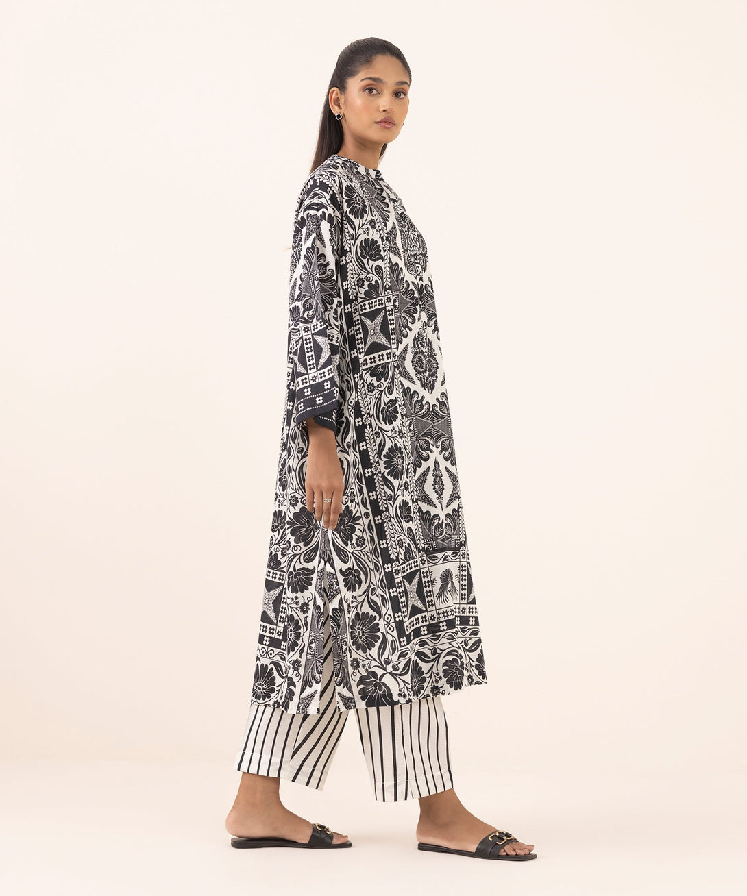 Women's RTW Dobby Black Printed Drop Shoulder Shirt