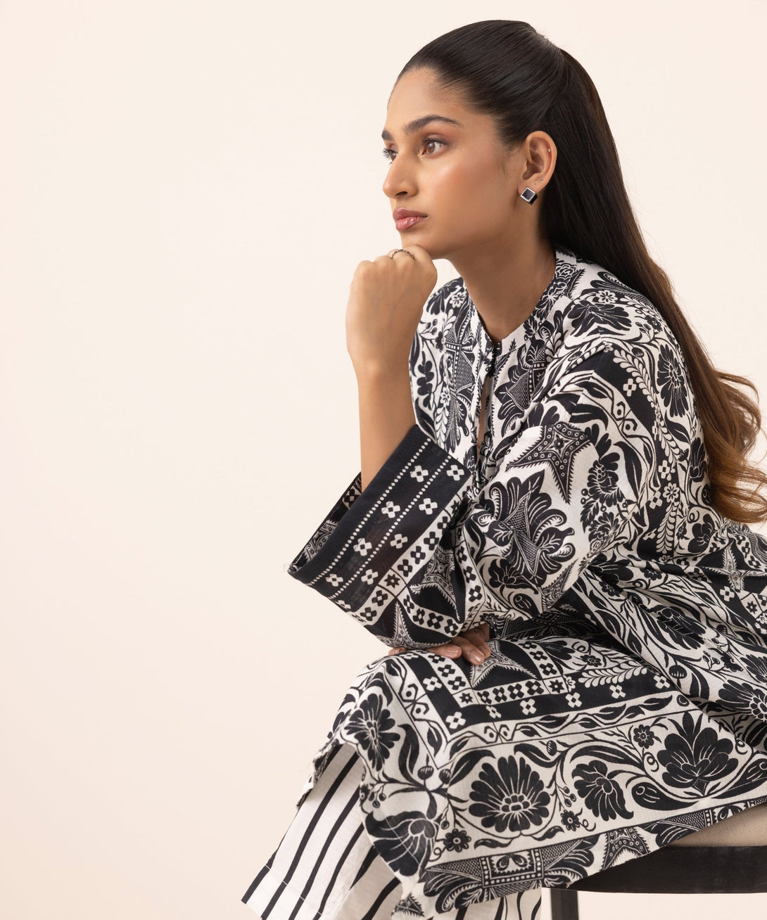 Women's RTW Dobby Black Printed Drop Shoulder Shirt