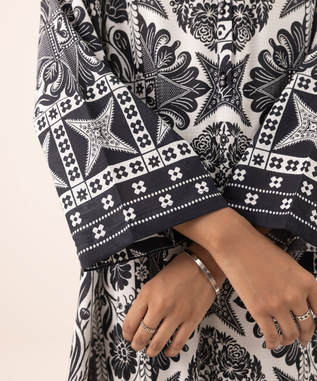Women's RTW Dobby Black Printed Drop Shoulder Shirt