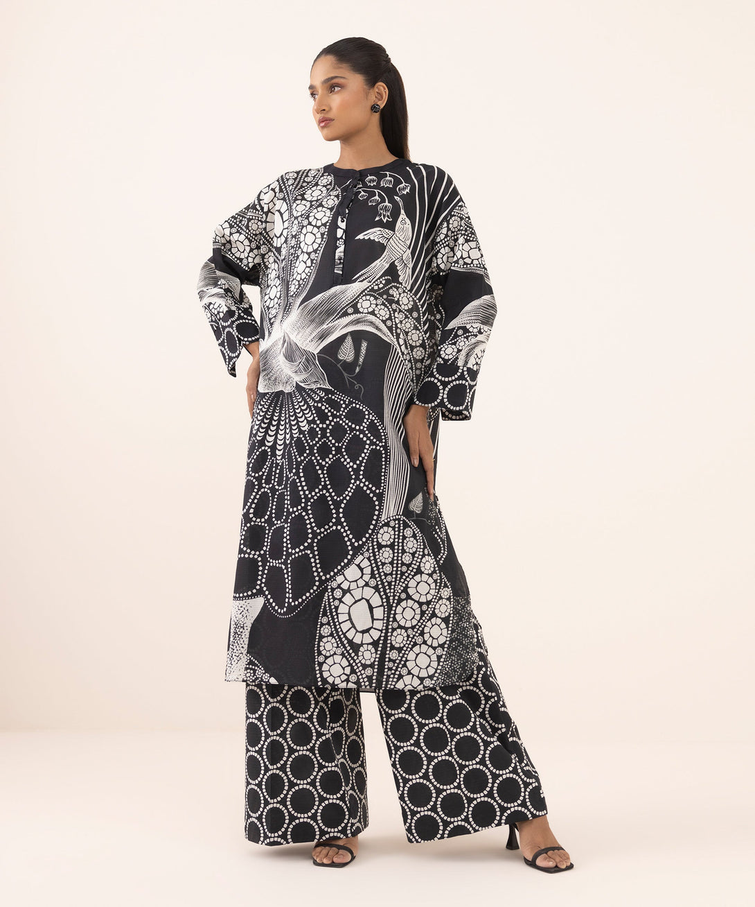 Women's RTW Dobby Black Printed Boxy Shirt