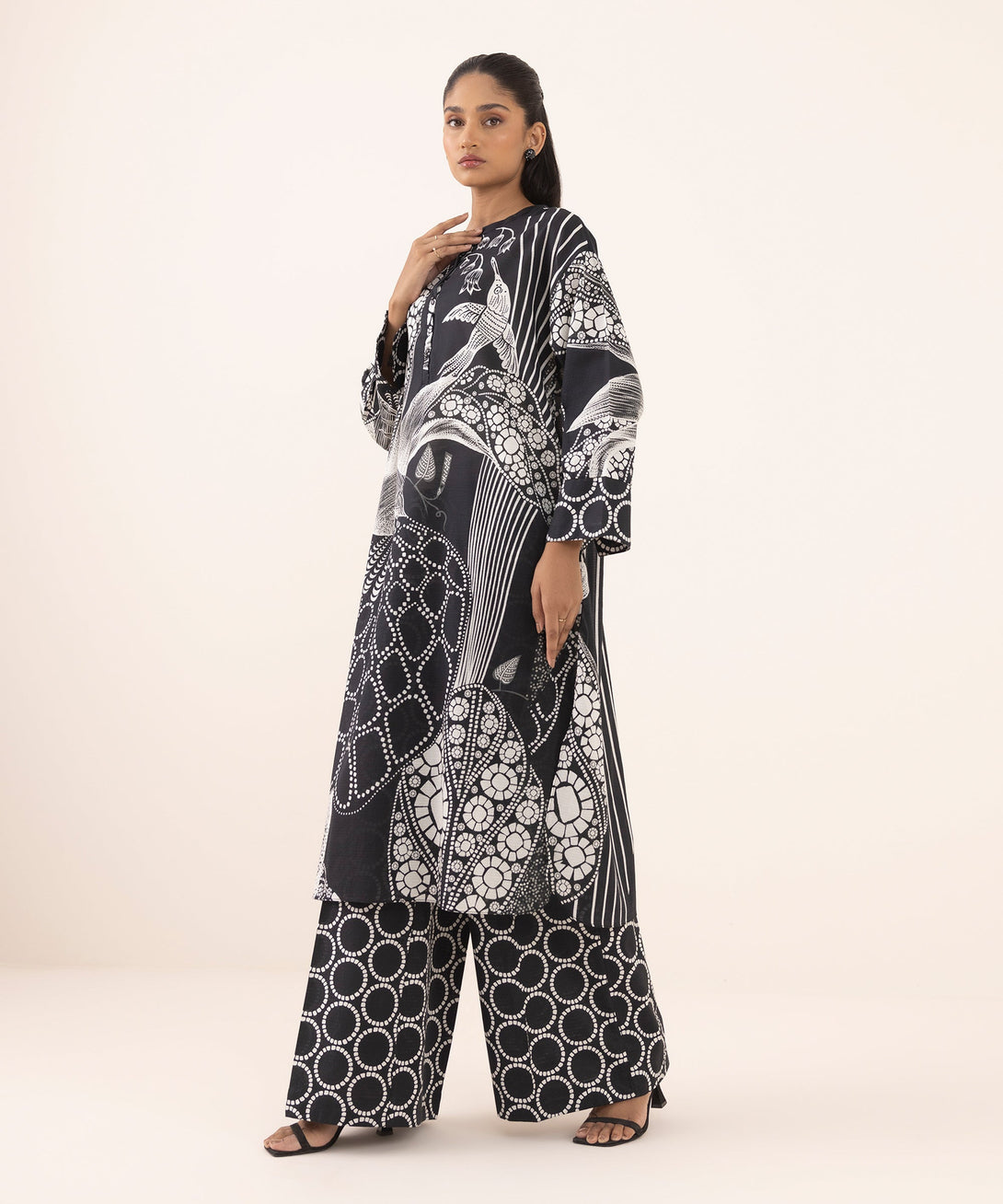 Women's RTW Dobby Black Printed Boxy Shirt