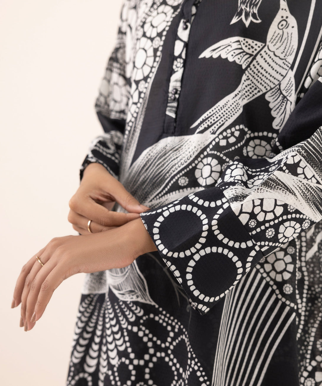 Women's RTW Dobby Black Printed Boxy Shirt