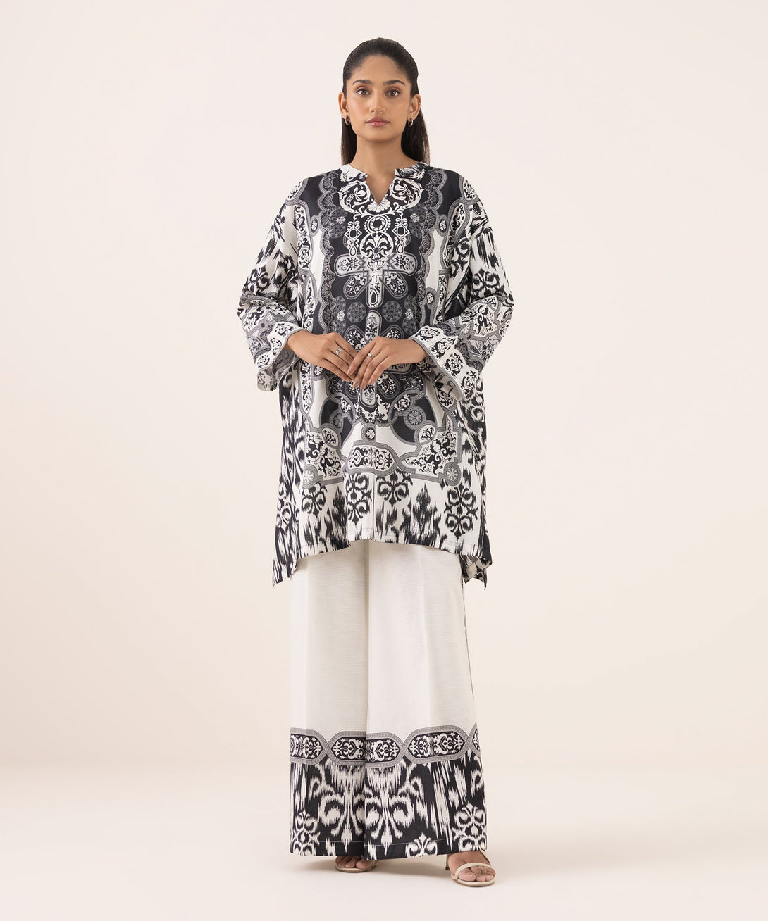 Women's RTW Dobby Black Printed Drop Shoulder Shirt
