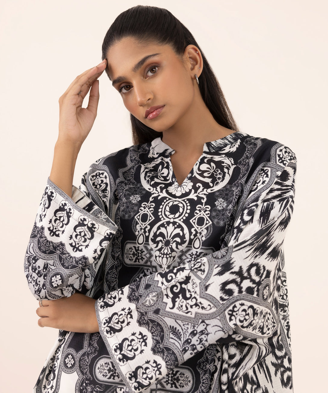 Women's RTW Dobby Black Printed Drop Shoulder Shirt