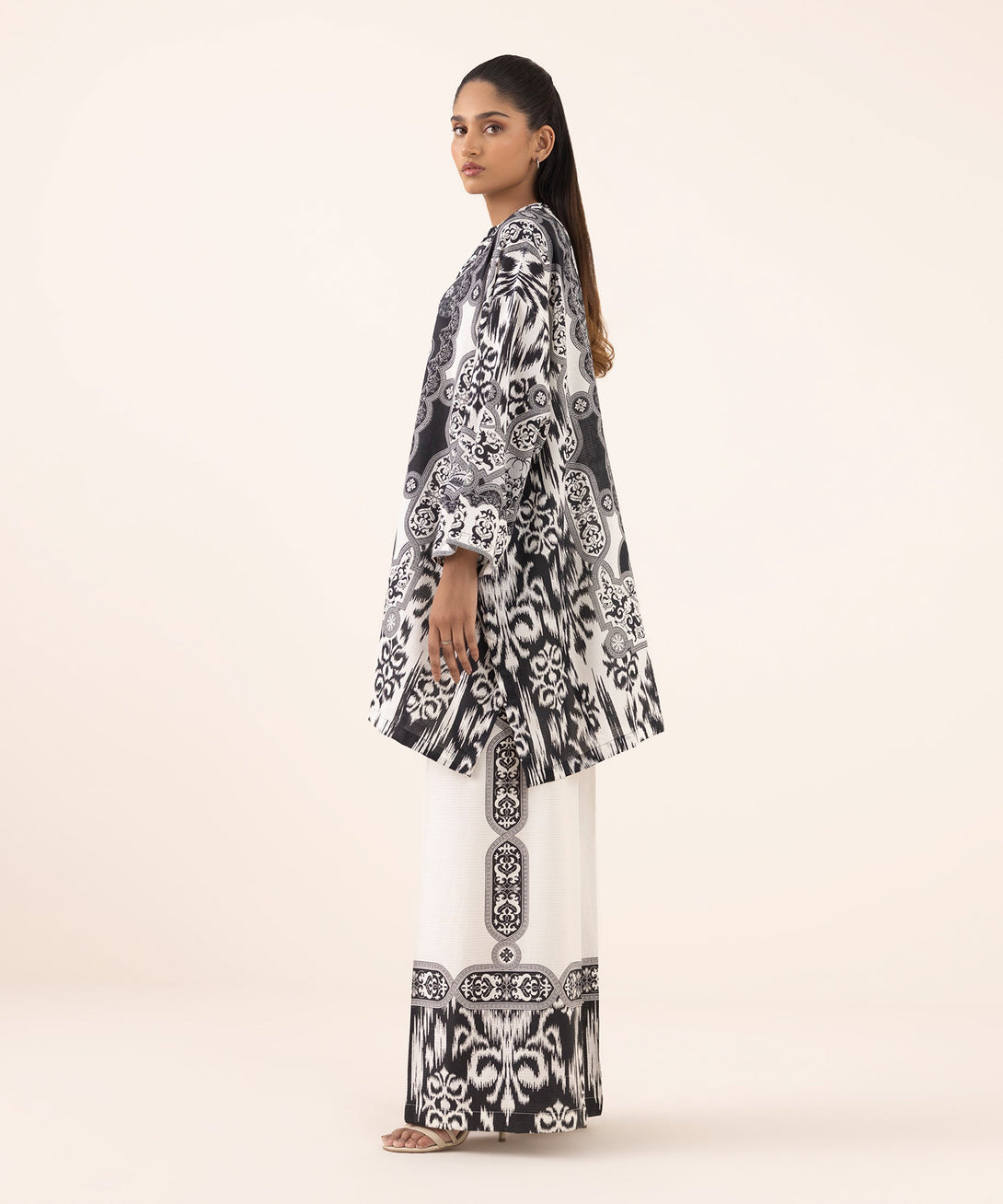 Women's RTW Dobby Black Printed Drop Shoulder Shirt