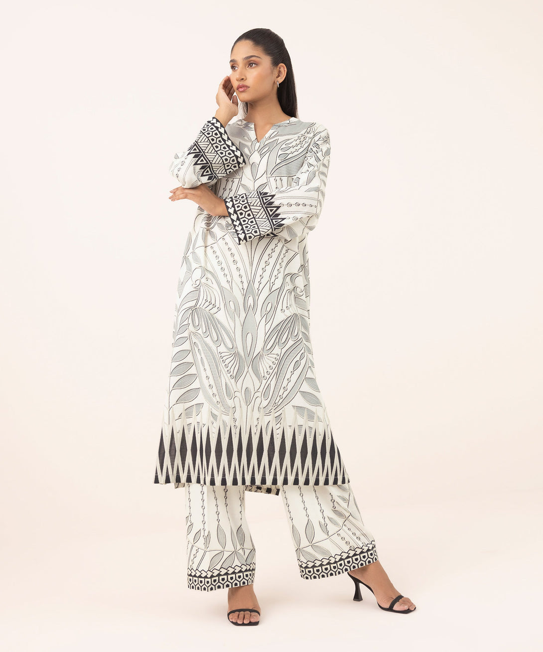 Women's RTW Dobby White Printed Drop Shoulder Shirt
