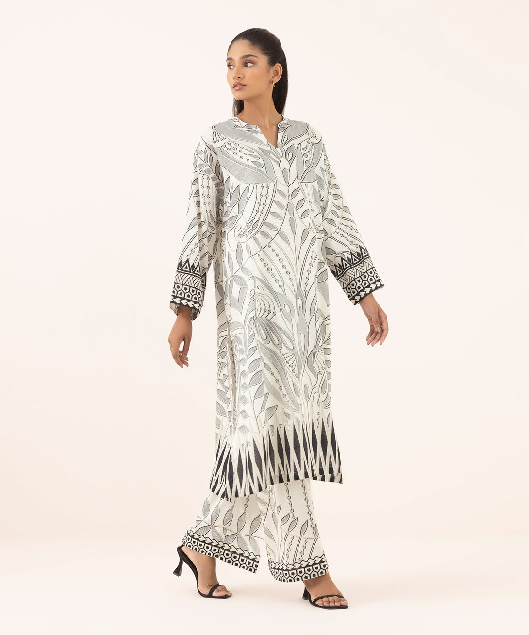 Women's RTW Dobby White Printed Drop Shoulder Shirt