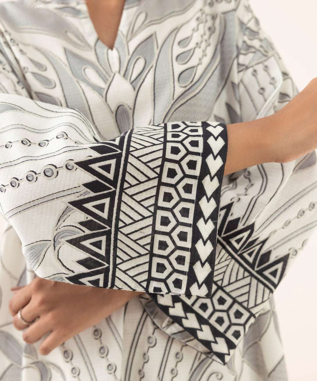 Women's RTW Dobby White Printed Drop Shoulder Shirt