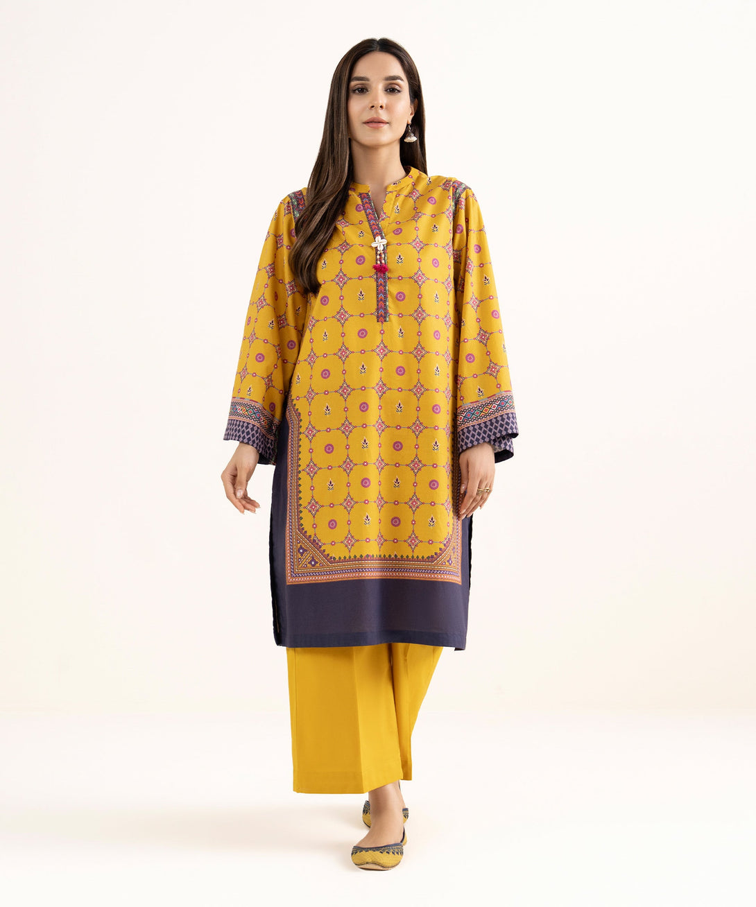 Women's RTW Cambric Mustard Printed A-Line Shirt