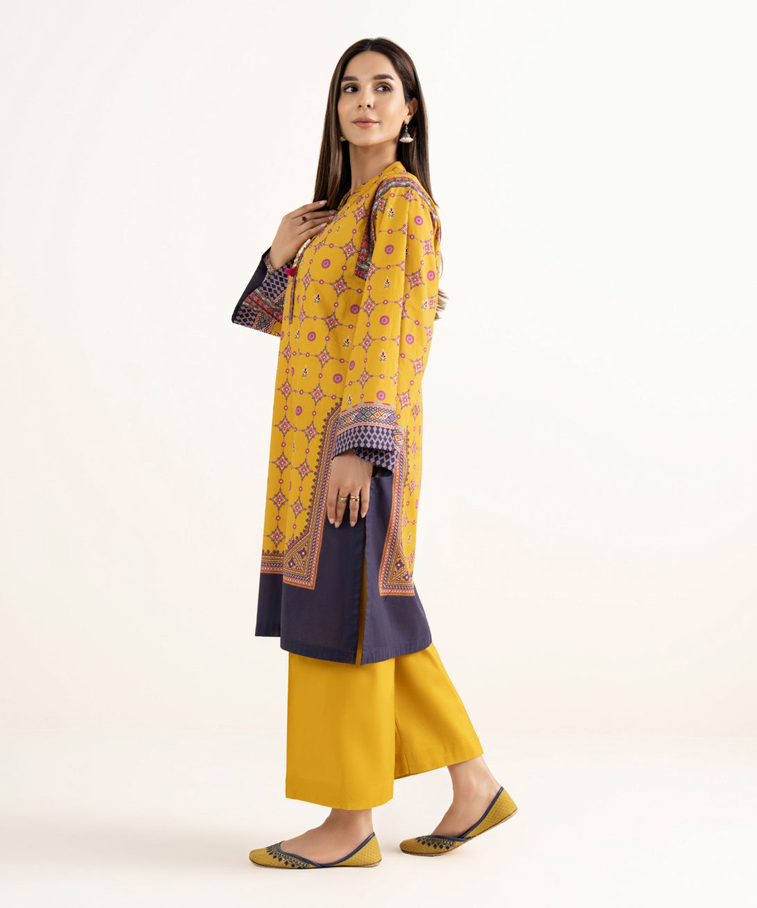 Women's RTW Cambric Mustard Printed A-Line Shirt