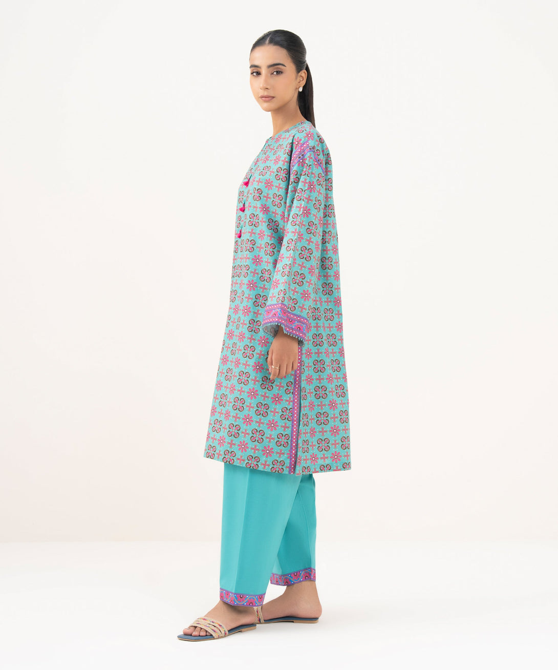 Women's RTW Cambric Teal Printed A-Line Shirt