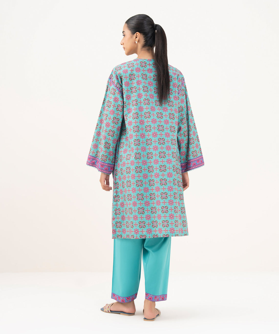 Women's RTW Cambric Teal Printed A-Line Shirt