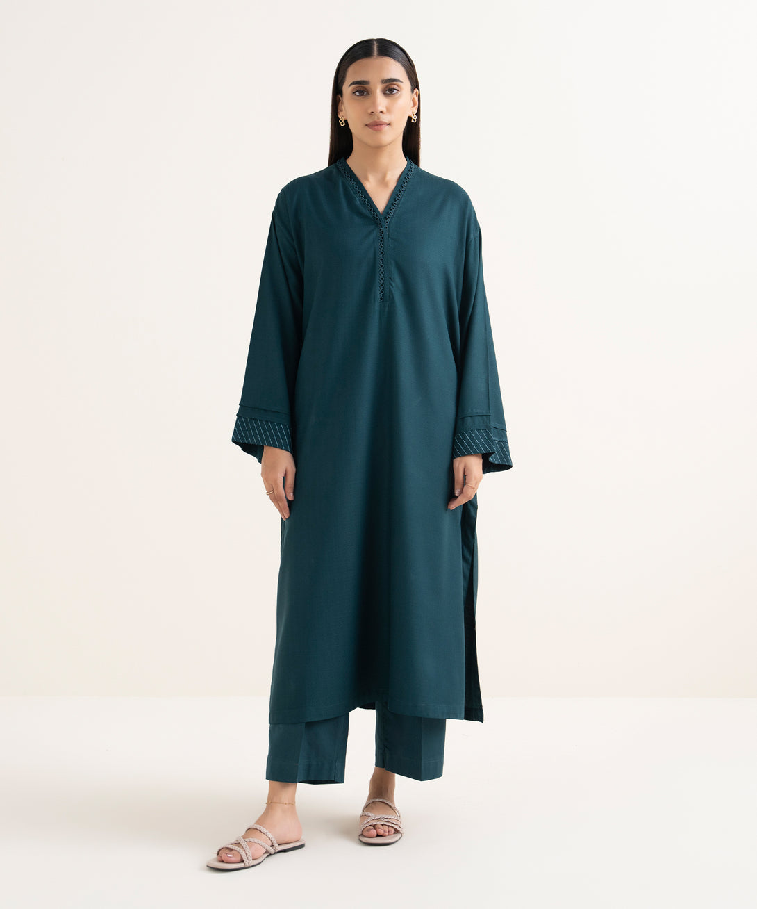 Women's RTW Textured Arabic Green Solid Drop Shoulder Shirt