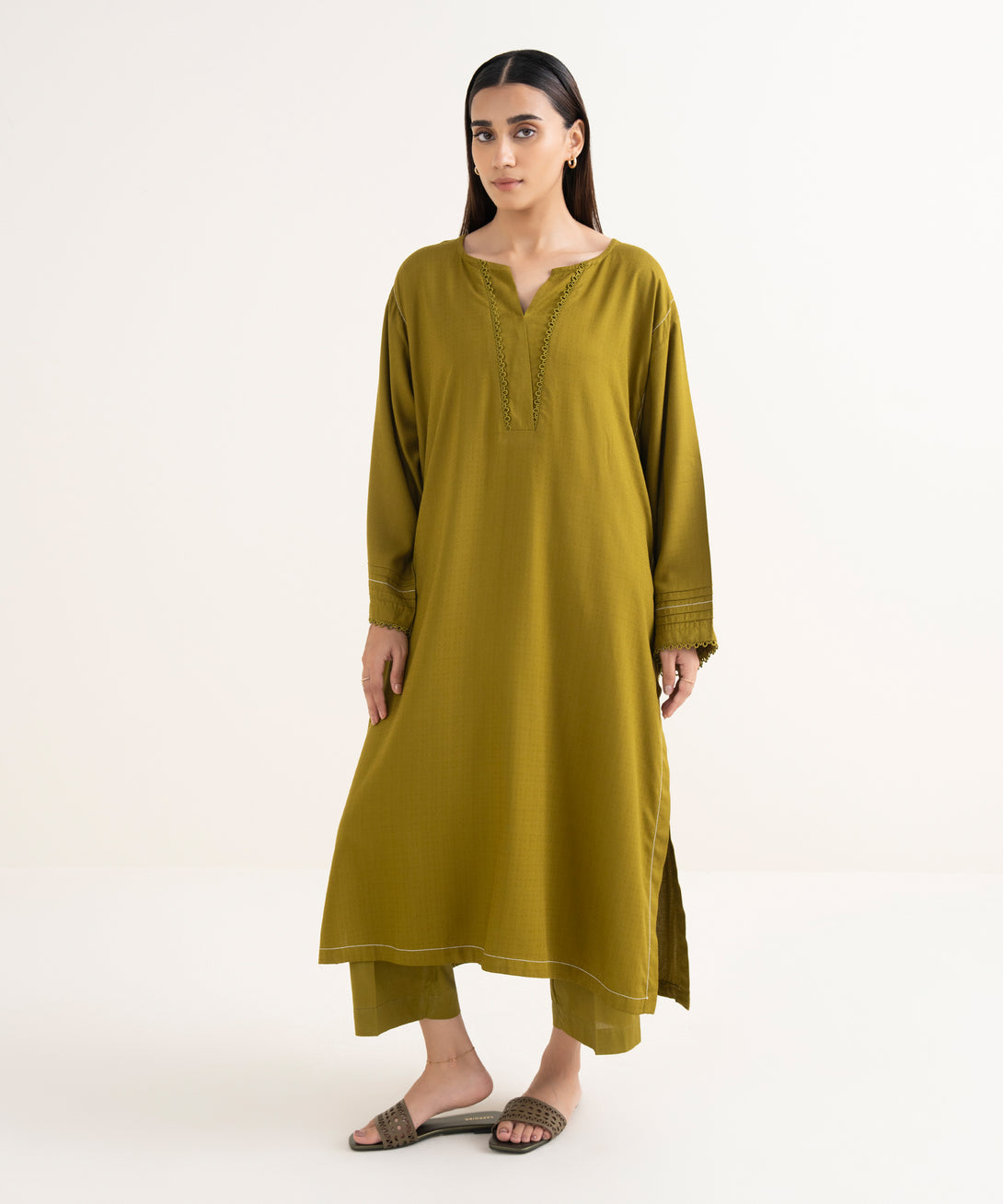 Women's RTW Textured Arabic Green Solid Drop Shoulder Shirt