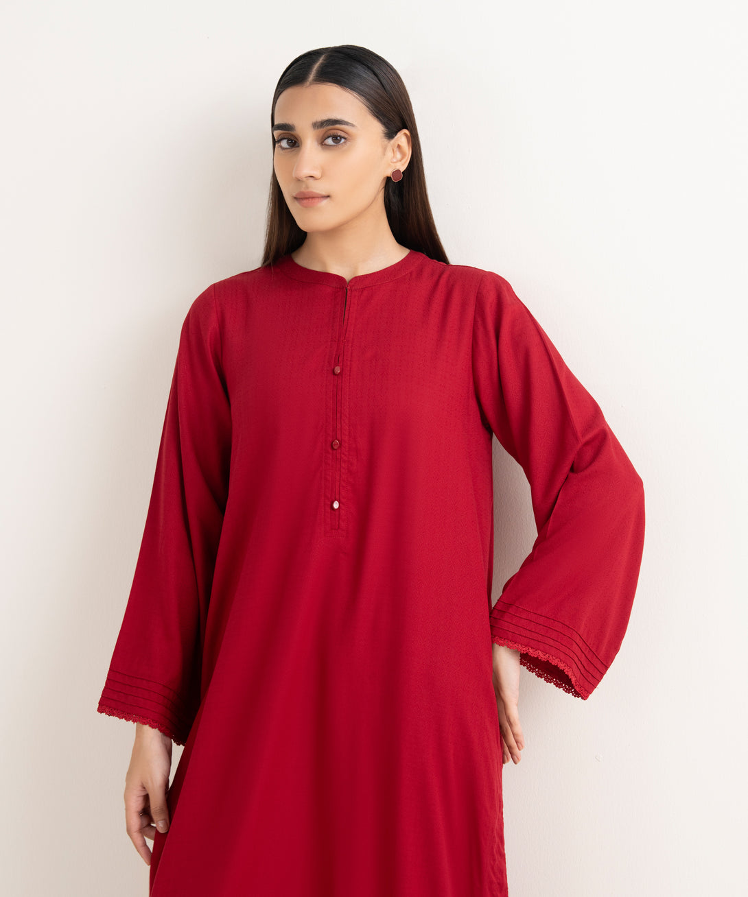 Women's RTW Textured Arabic Red Solid Straight Shirt
