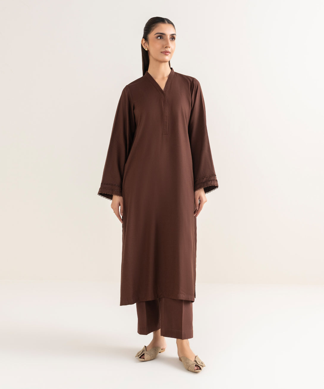 Women's RTW Textured Arabic Brown Solid A line Shirt