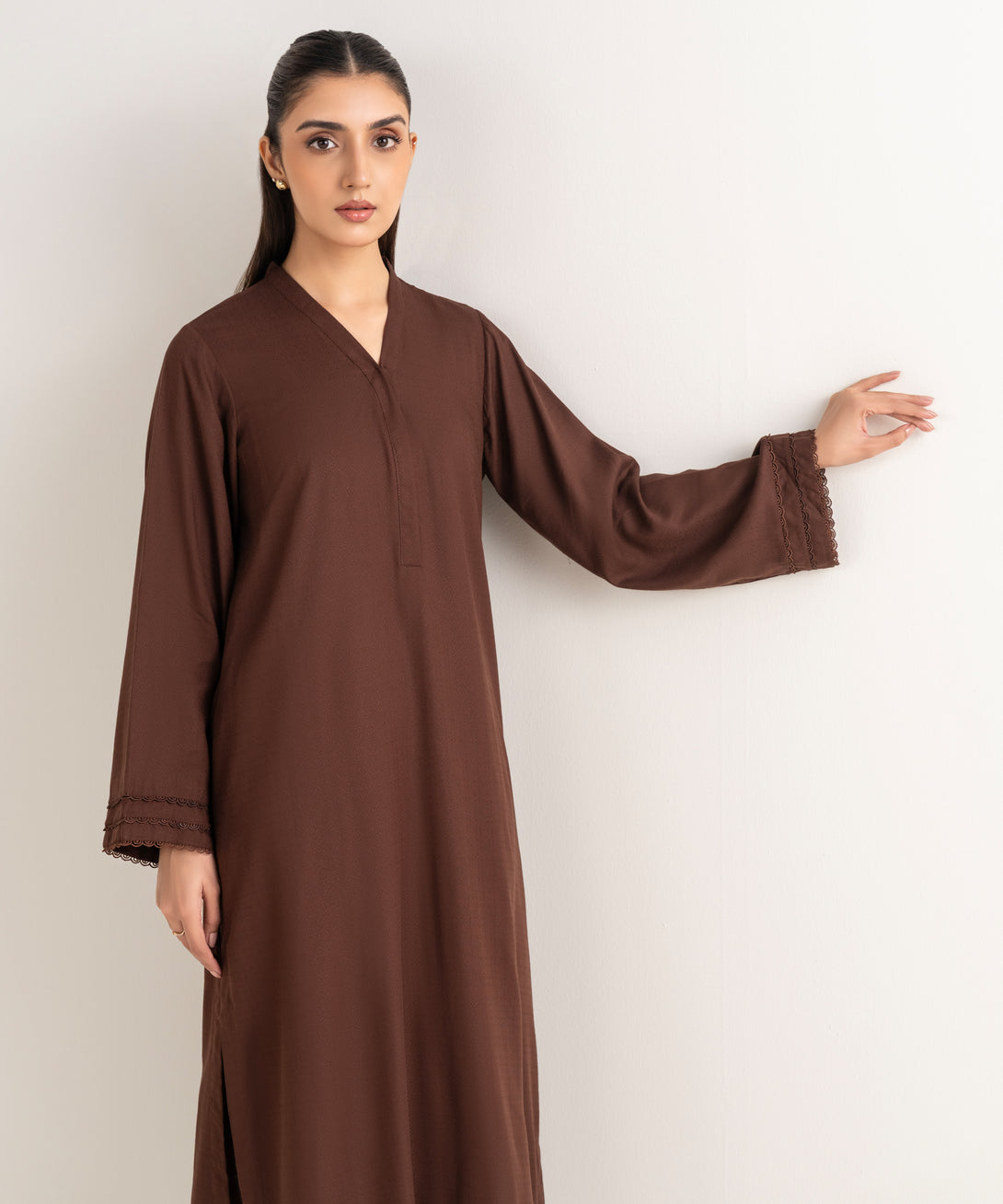 Women's RTW Textured Arabic Brown Solid A line Shirt