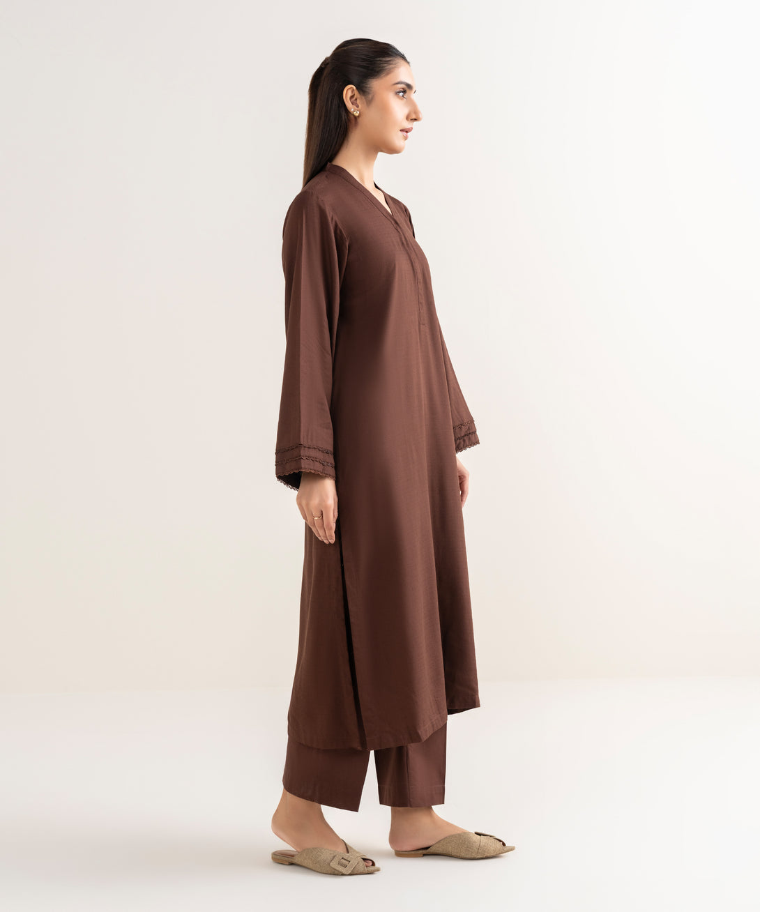 Women's RTW Textured Arabic Brown Solid A line Shirt