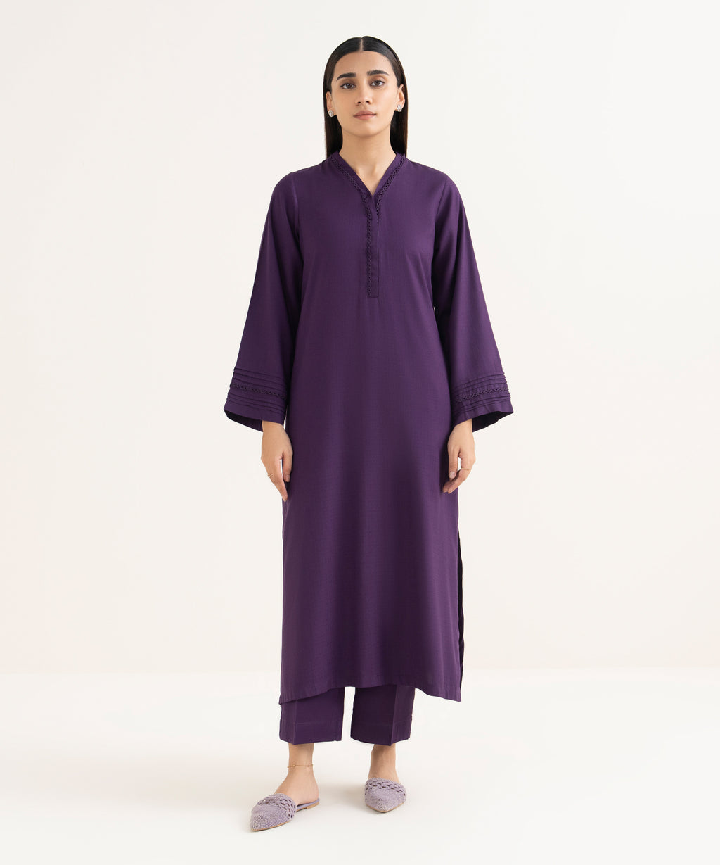 Women's RTW Textured Arabic Purple Solid Straight Shirt