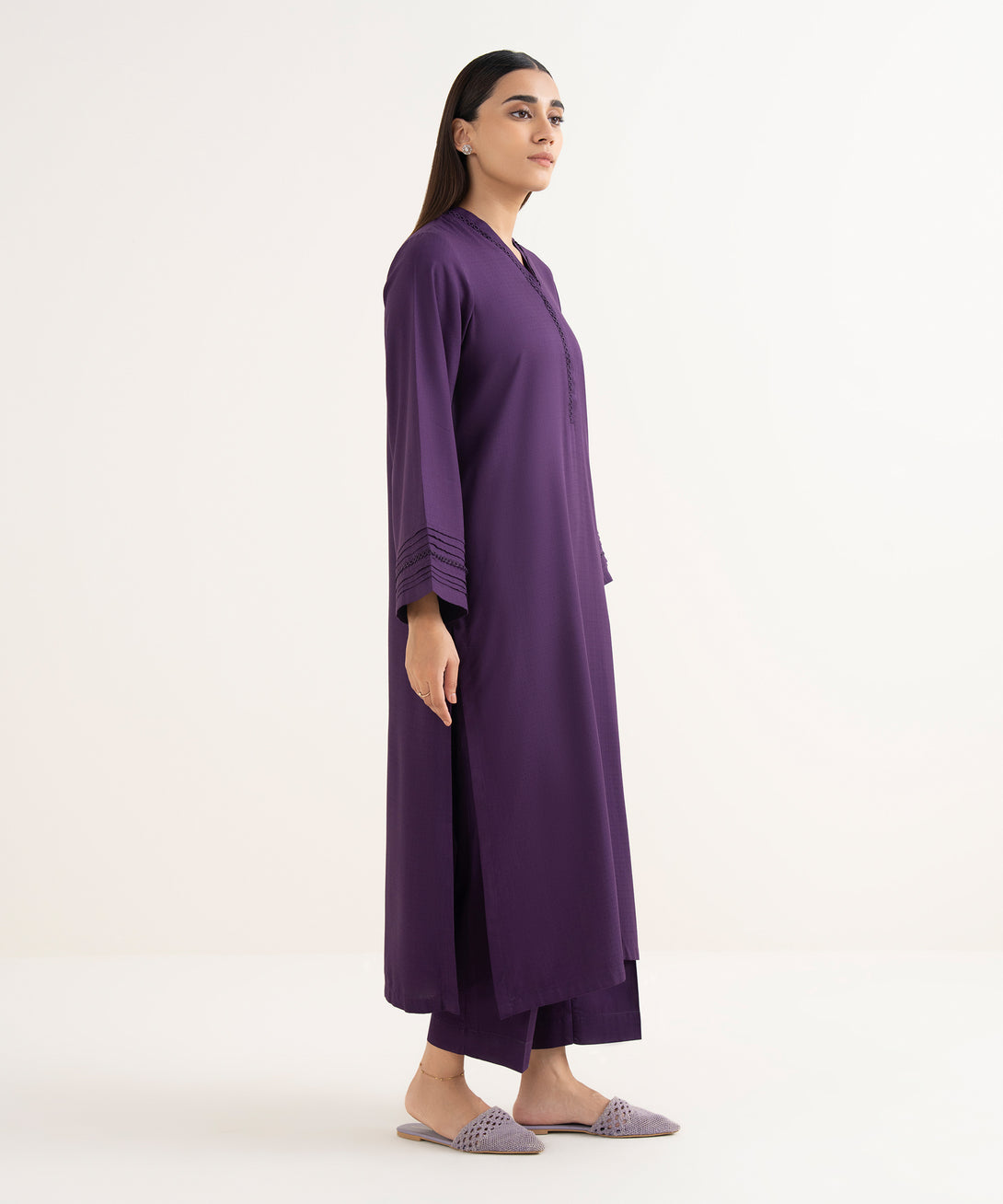 Women's RTW Textured Arabic Purple Solid Straight Shirt