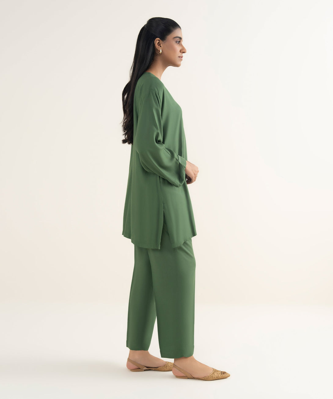 Women's RTW Bedford  Solid Green Drop Shoulder Shirt
