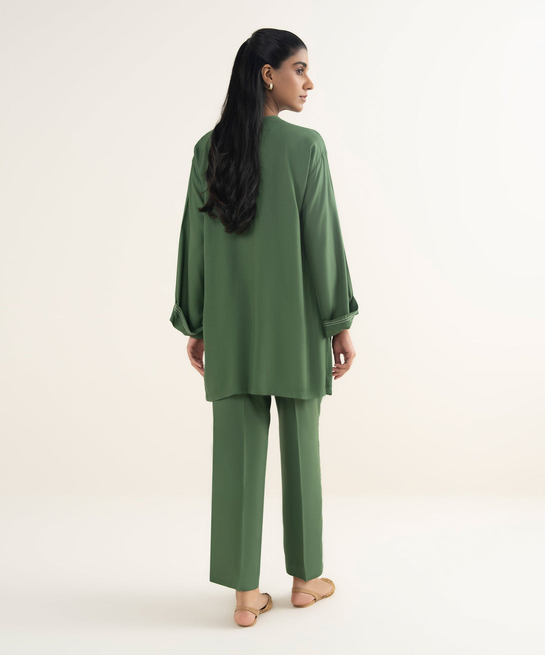 Women's RTW Bedford  Solid Green Drop Shoulder Shirt