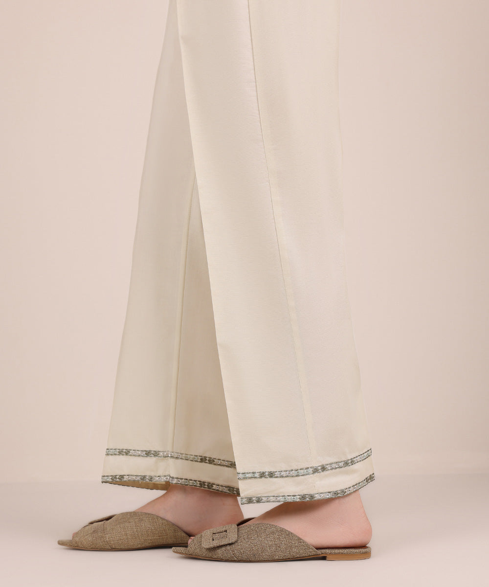 Women's Pret Cambric Beige Embroidered Straight Pants