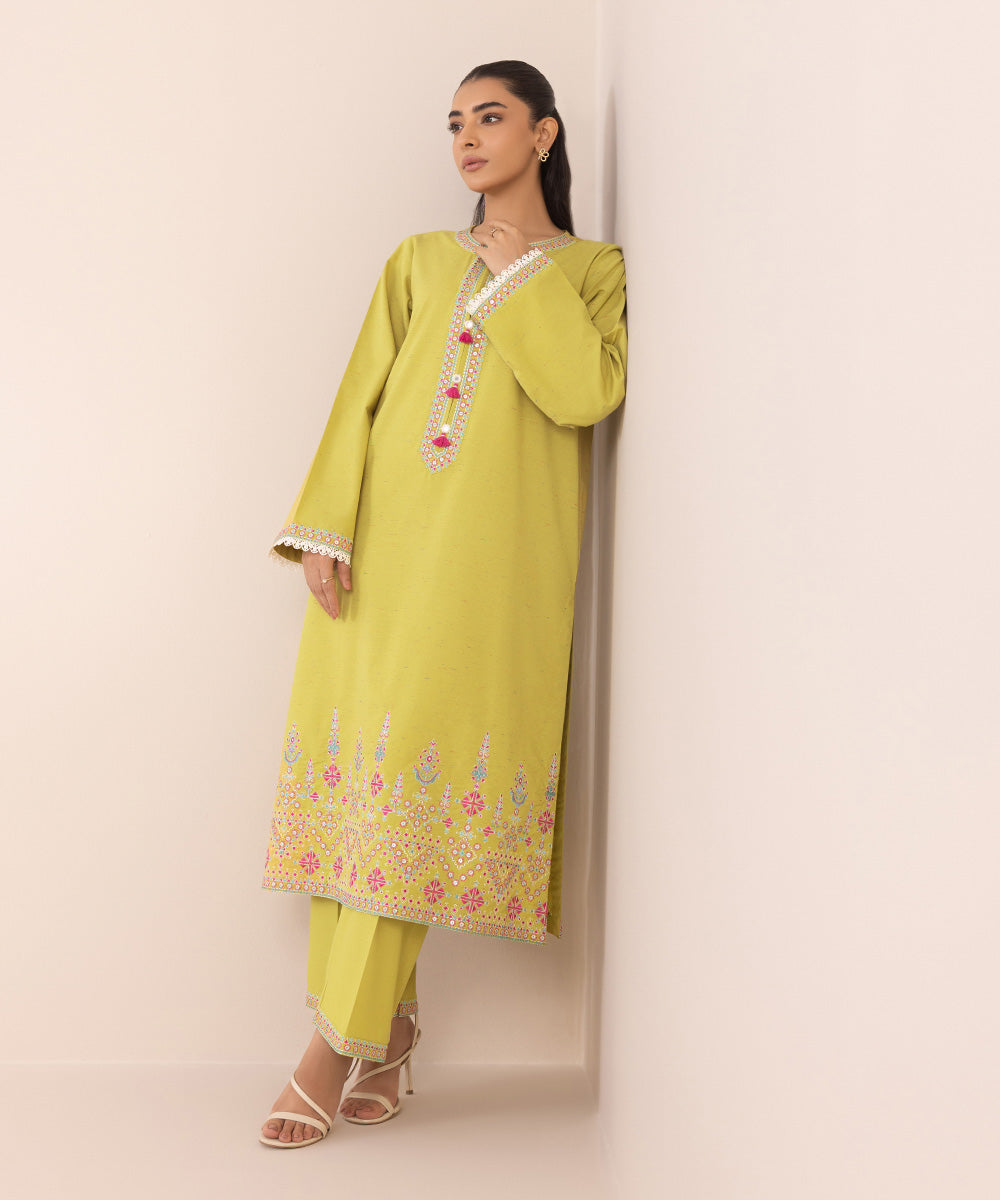 Women's Pret Multineps Yellow Embroidered A-Line Shirt