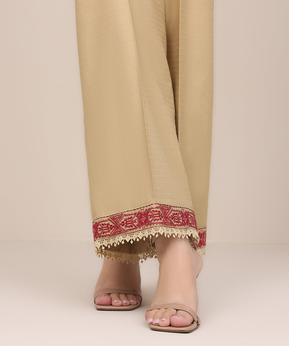 Women's Pret Dobby Beige Embroidered Culottes