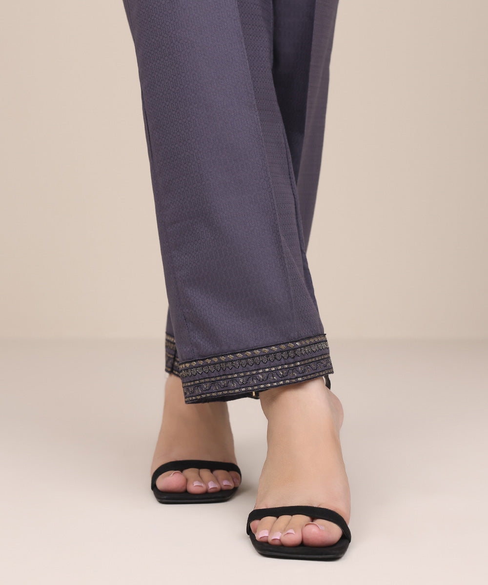 Women's Pret Dobby Grey Embroidered Straight Pants