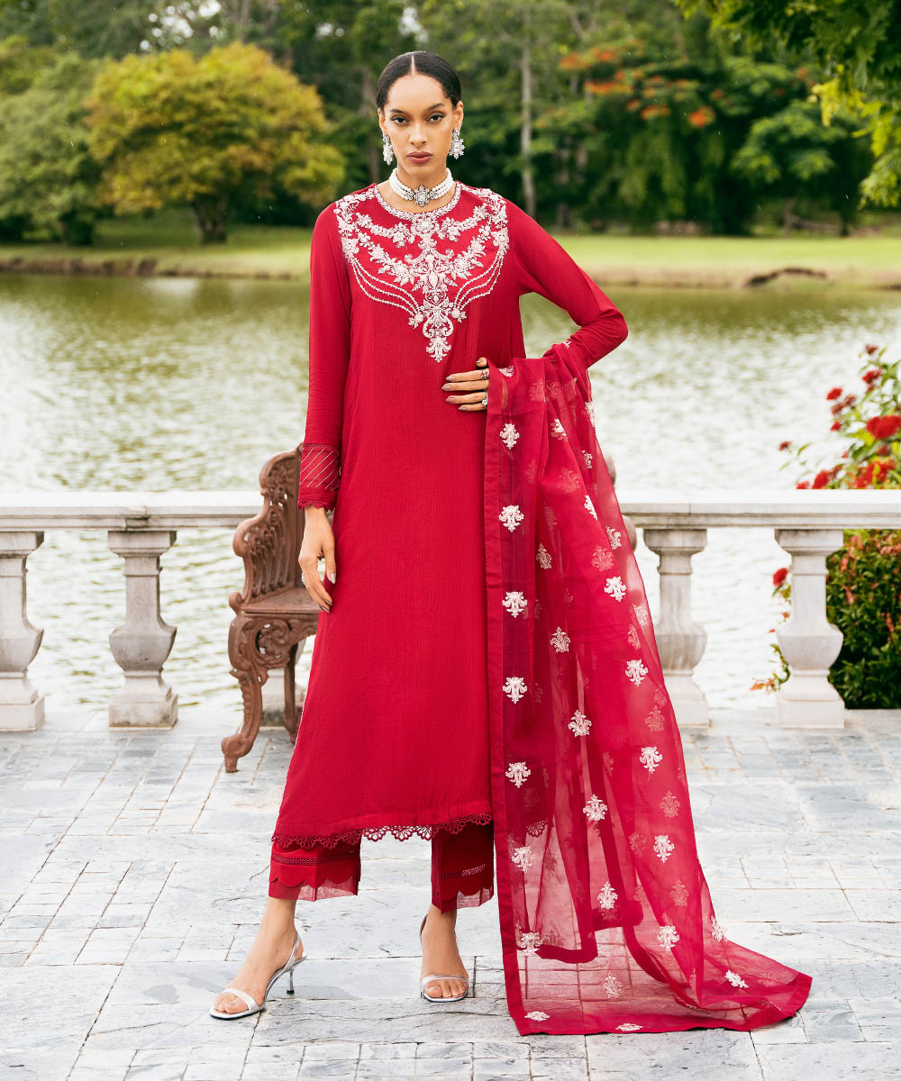 Women's Pret Raw Silk Red Embroidered Three Piece Suit