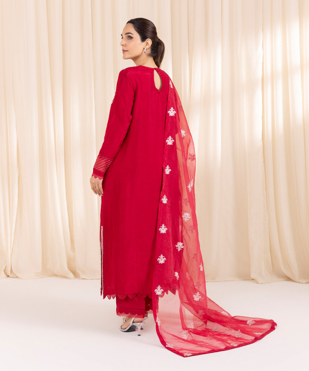 Women's Pret Raw Silk Red Embroidered Three Piece Suit